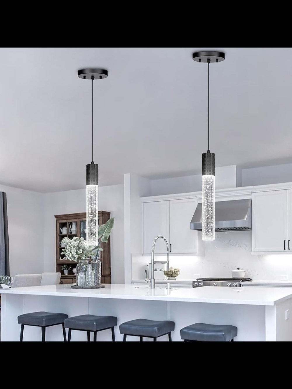 Set Of 2 LED Modern Cylindrical Crystal Bubble Pendant Lights - Black & Clear